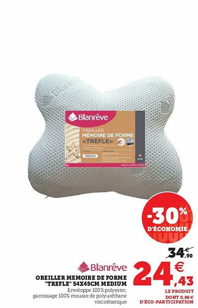 Oreiller Mémoire De Forme "trèfle" 54 X 45 C Medium Blanrêve