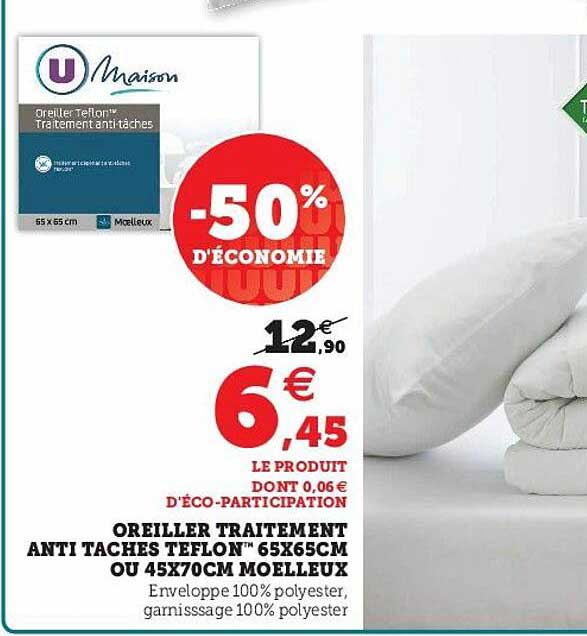 oreiller traitement anti tâches teflon 65 x 65 cm ou 45 x 70 cm moelleux