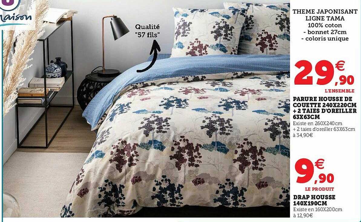 parure housse de couette 240 x 220 cm + 2 taies d'oreiller 63 x 63 cm, drap housse 140 x 190 cm