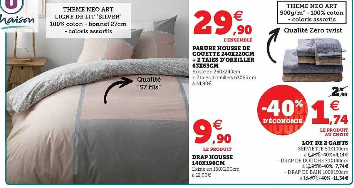 parure housse de couette 240 x 220cm + 2 taies d'oreiller 63 x 63 cm, drap housse 140 x 190 cm, lot de 2 gants