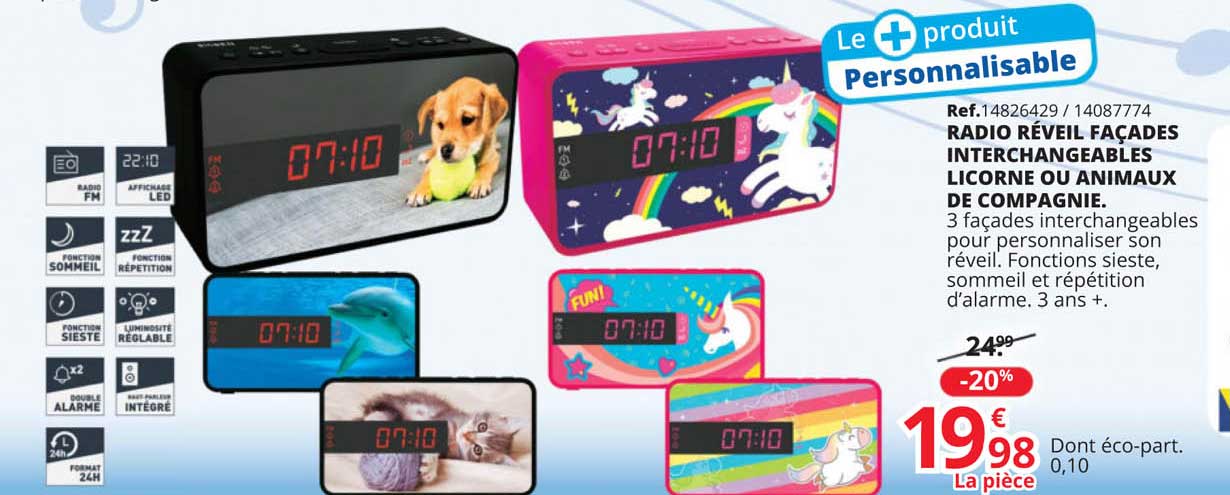radio réveil façades interchangeables licorne ou animaux de compagnie.
