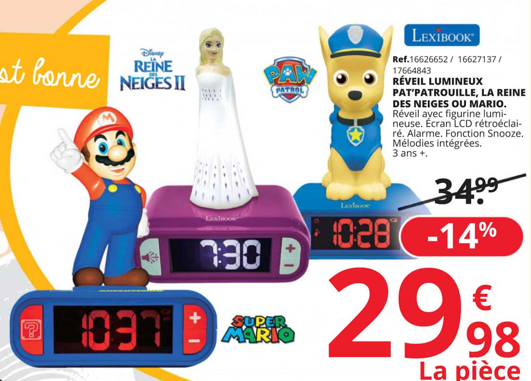 réveil lumineux pat'patrouille la reine des neiges ou mario