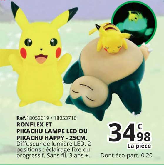 ronflex et pikachy lampe led ou pikachu happy - 25cm