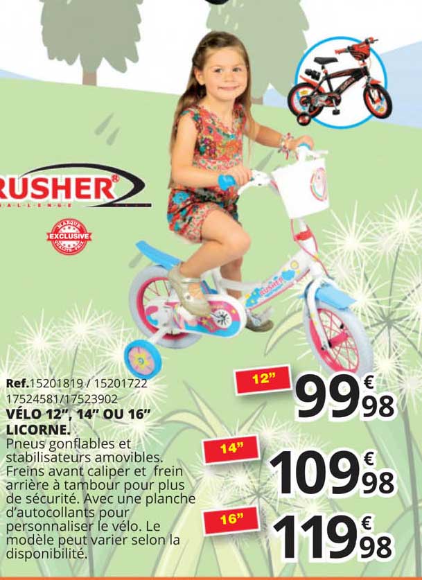 rusher vélo 12" 14" ou 16" licorne
