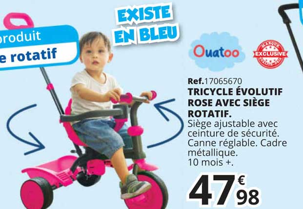 tricycle évolutif rose avec siège rotatif ouatoo