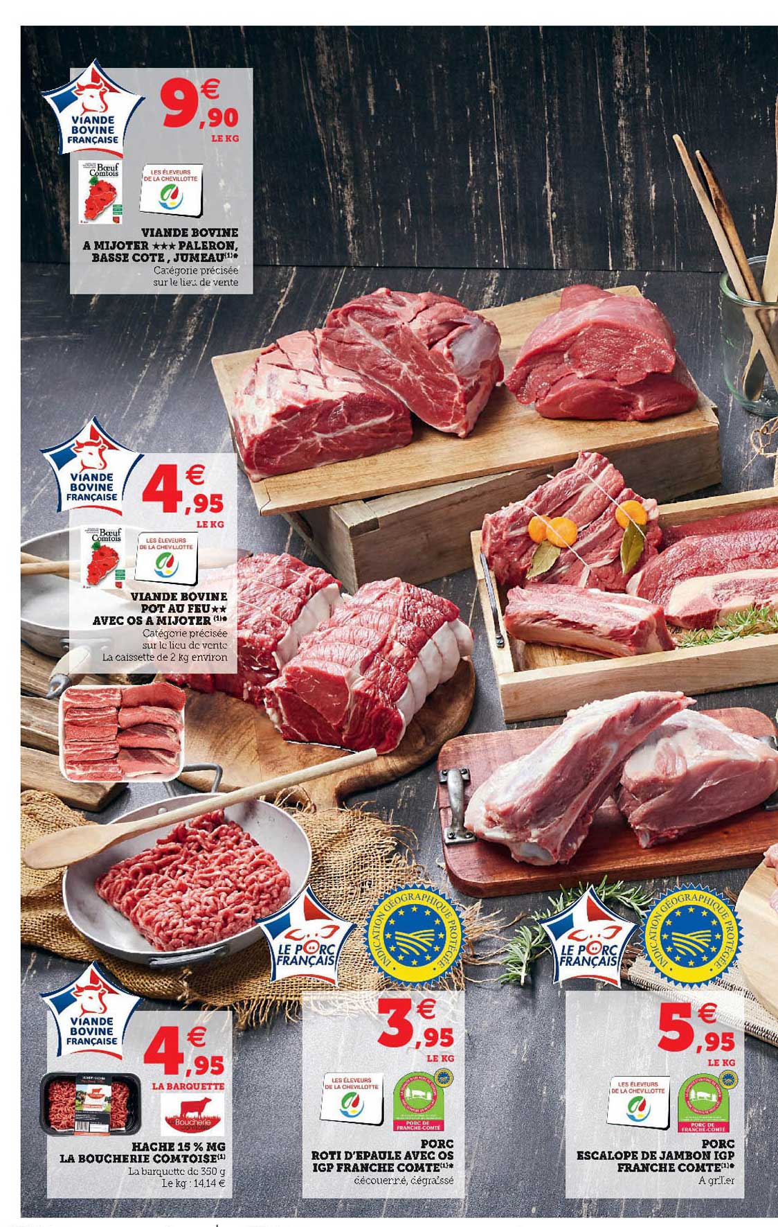 viande bovine à mijoter paleron, basse côte jumeau, viande bovine pot au feu avec os à mijoter, haché 15% mg la boucherie comtoise, porc rôti d'épaule avec os igp franche comté