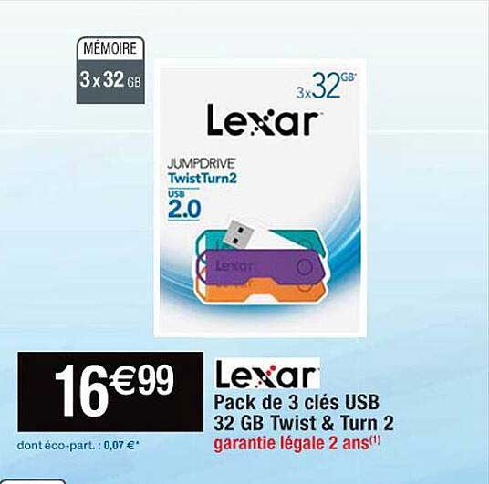 pack de 3 clés usb 32 gb twist & turn 2 lexar