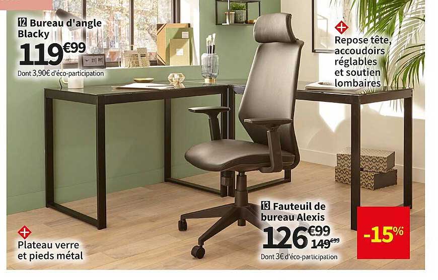 bureau d'angle blacky, fauteuil de bureau alexis