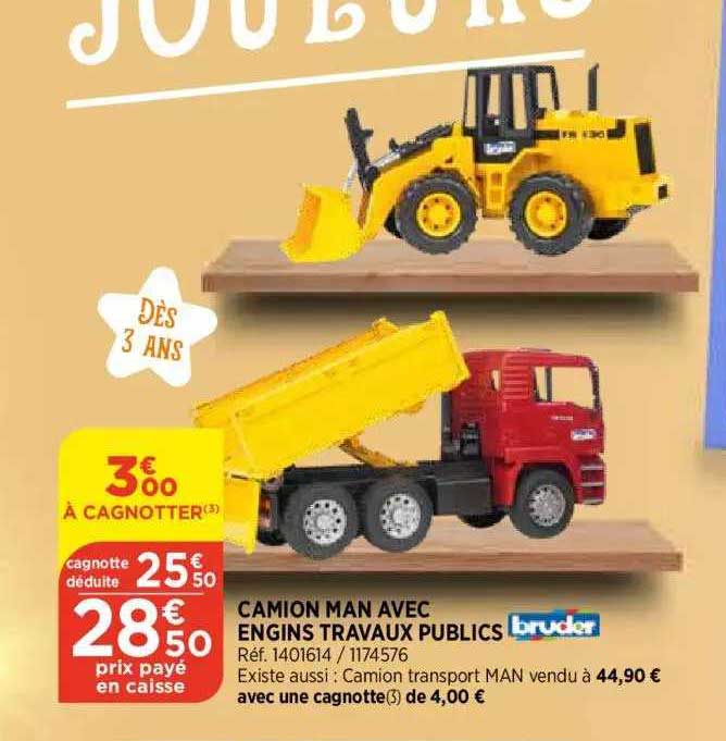 camion man avec engins travaux publics bruder