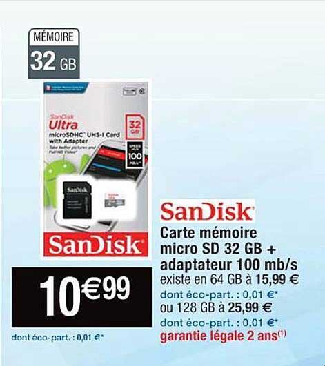 carte mémoire micro sd 32 gb + adaptateur 100 mb-s sandisk