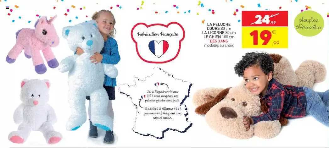 la peluche l'ours 80 cm, la licorne 80 cm, le chien 100 cm