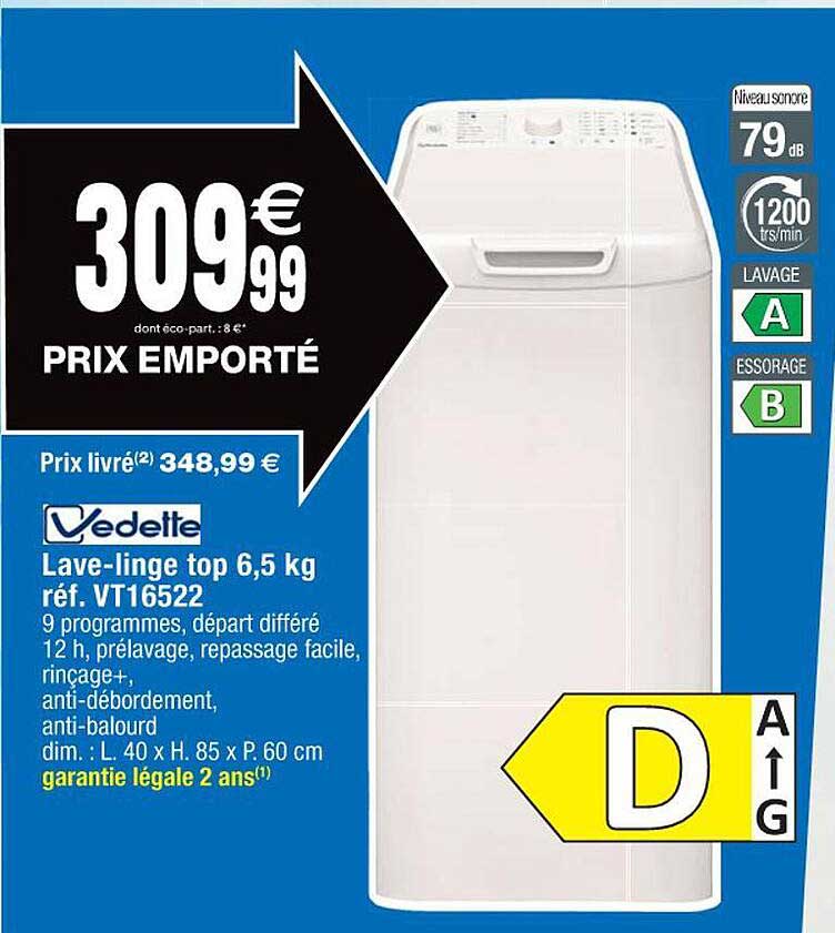 lave-linge top 6,5 kg vedette