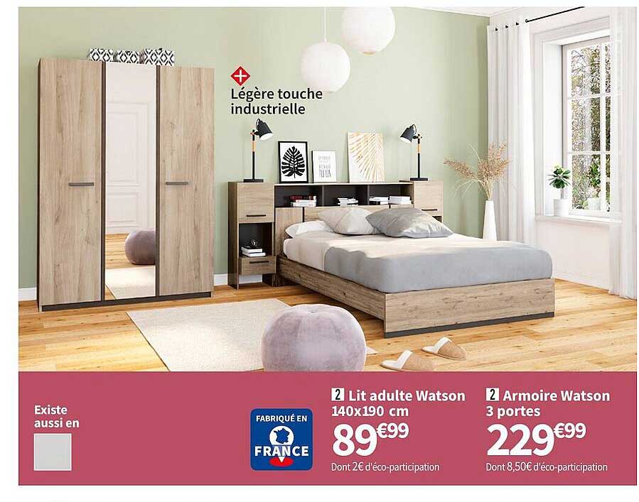 lit adulte watson 140x190 cm, armoire watson 3 portes