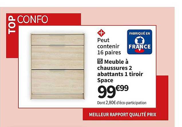 meuble à chaussures 2 abattants 1 tiroir space