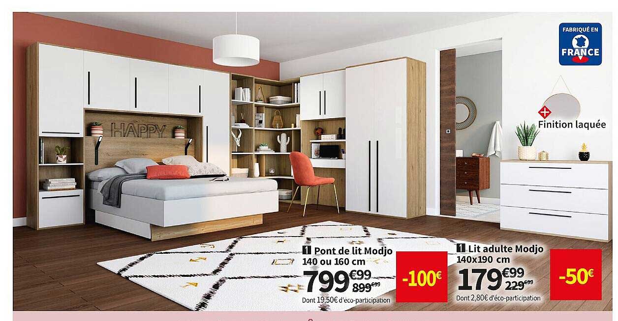 pont de lit modjo 140 ou 160 cm, lit adulte modjo 140x190 cm