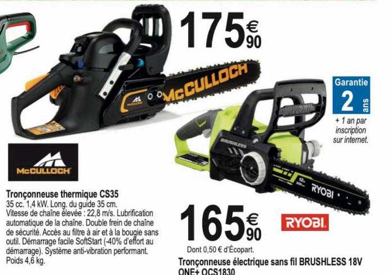 tronçonneuse thermique cs35 mc culloch, tronçonneuse électrique sans fil brushless 18v one+ ocs1830 ryobi