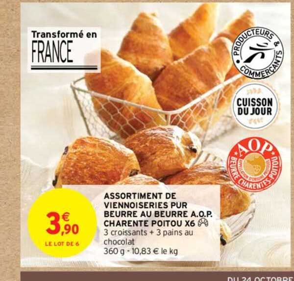assortiment de viennoiseries pur beurre au beurre a.o.p. charente poitou x 6