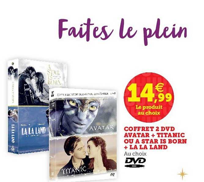 coffret 2 dvd avatar + titanic ou a star is born + la la land