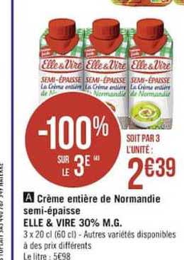 crème entière de normandi semi-épaisse elle & vire 30% m.g.