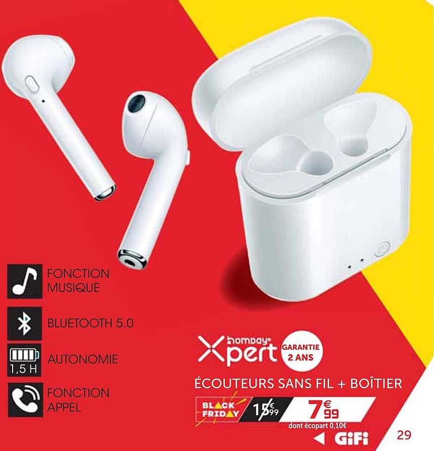 écouteurs sans fil + boîtier homday xpert