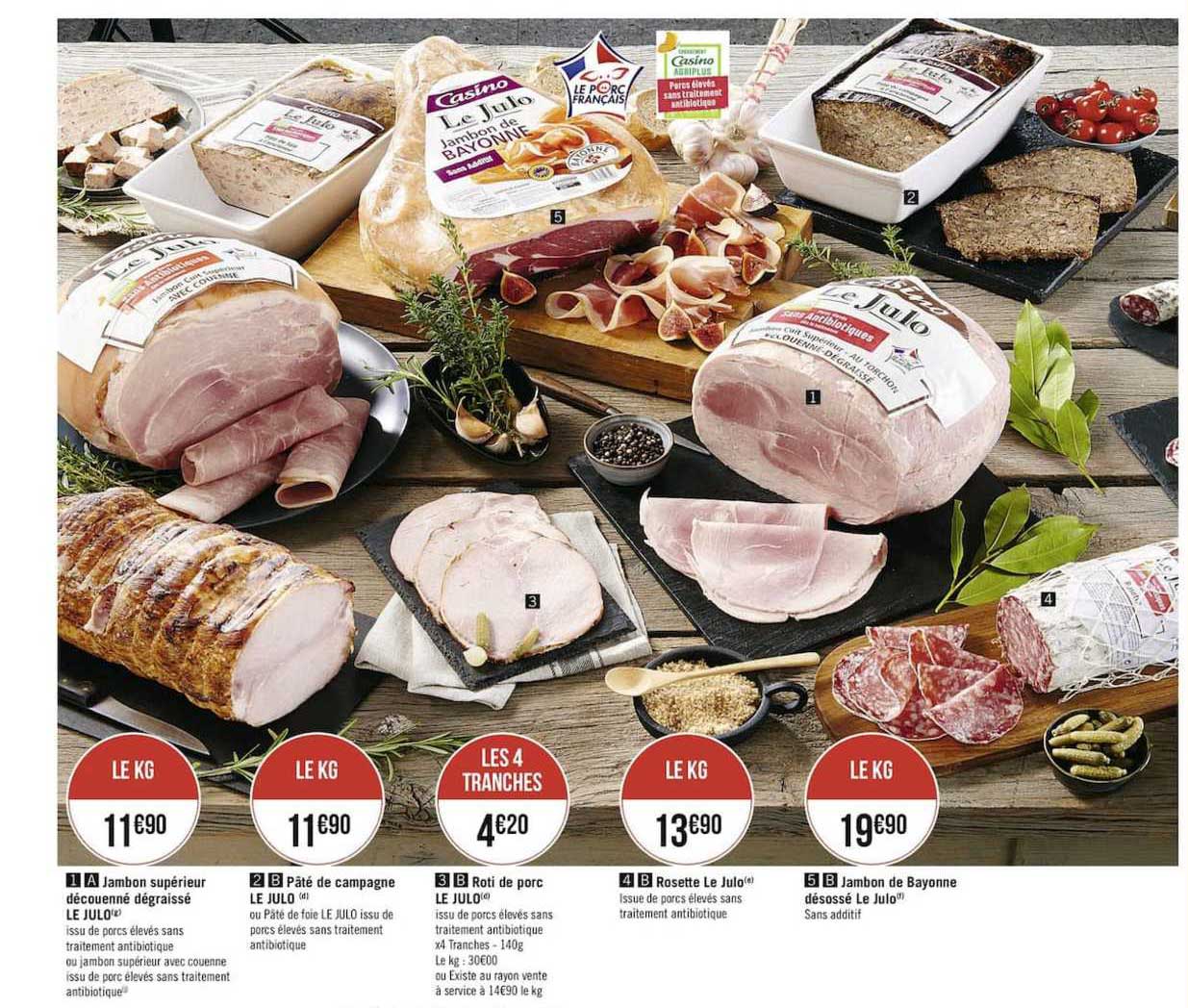 Jambon Supérieur Le Julo, Pâté De Campagne Le Julo, Rôti De Porc Le Julo, Rosette Le Julo, Jambon De Bayonne Désossé Le Julo