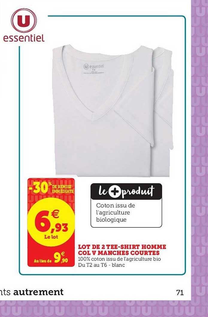 lot de 2 tee shirt homme col v manches courtes  u essentiel