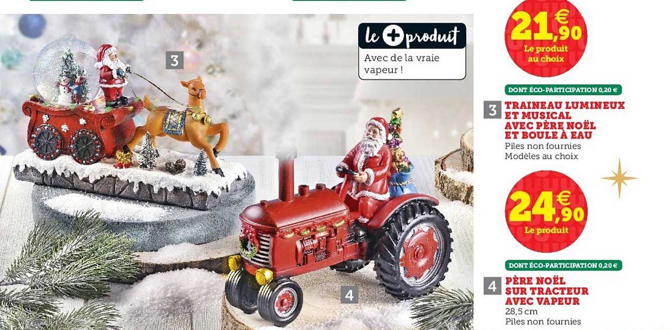traineau lumineux et musical, père noël sur tracteur avec vapeur