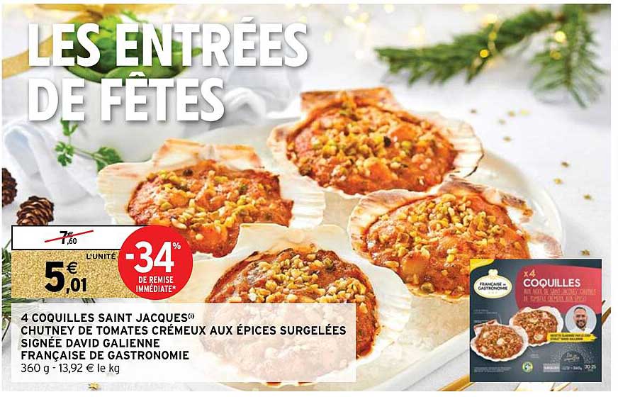 4 coquilles saint jacques chutney de tomates crémeux aux épices surgelées signée david galienne française de gastronomie