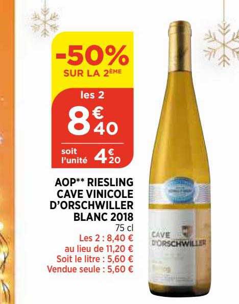 aop riesling cave vinicole d'orschwiller blanc 2018 -50% sur la 2ème