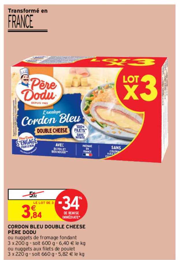 cordon blue double cheese père dodu -34% remise immédiate