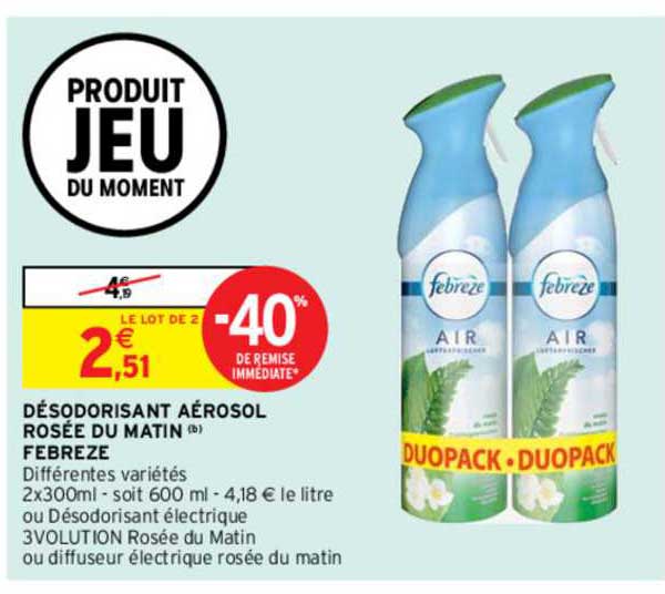 désodorisant aérosol rosée du matin febreze -40% remise immédiate