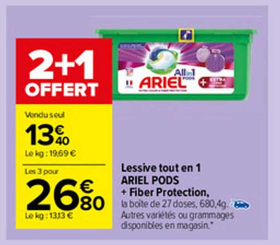 lessive tout en 1 ariel pods + fiber protection