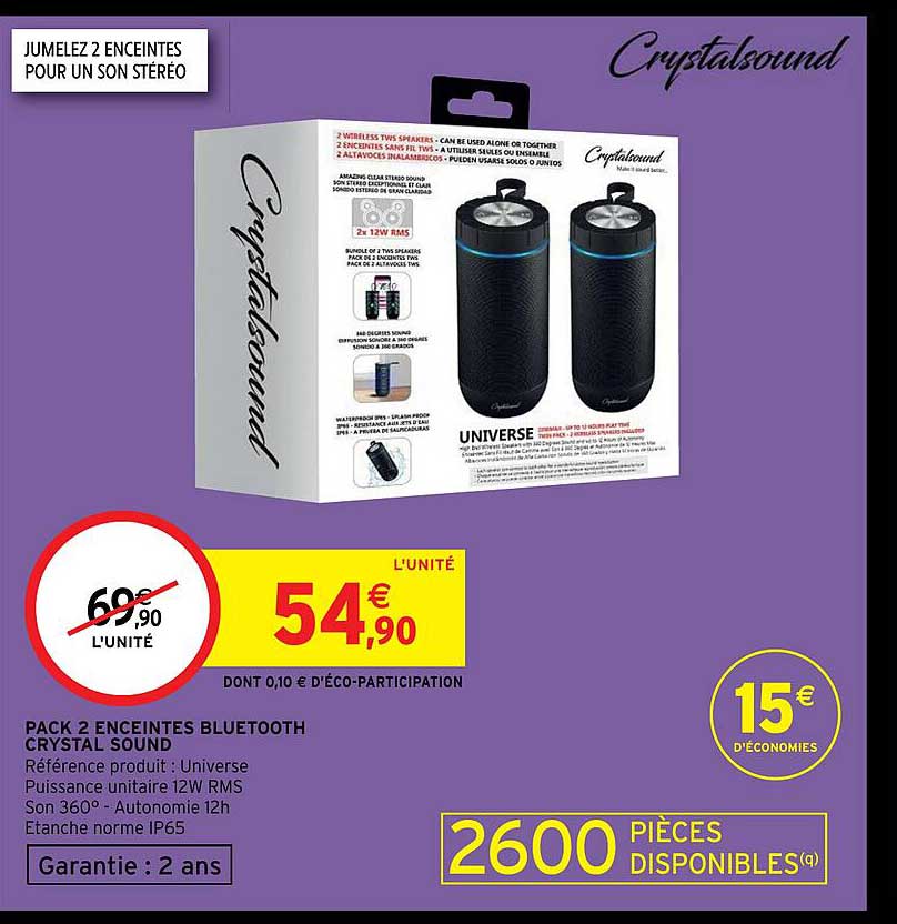 pack 2 enceintes bluetooth crysal sound