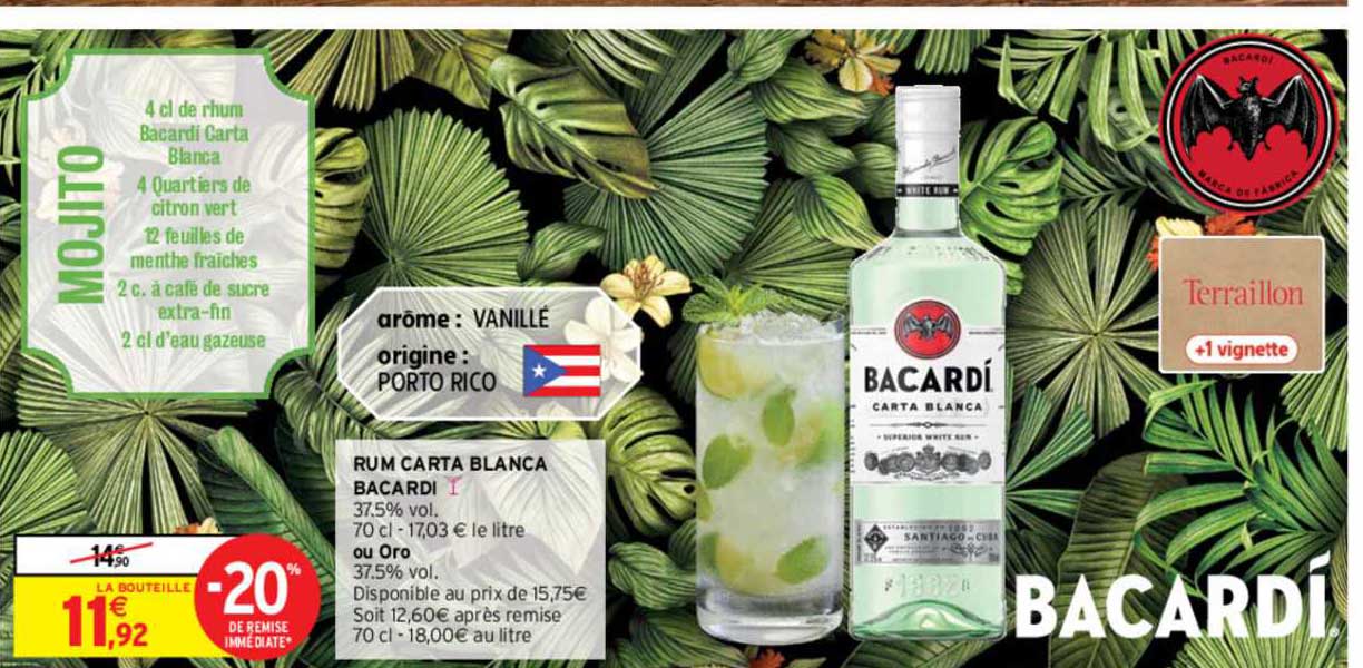 rum carta blanca bacardi ou oro -20% remise immédiate