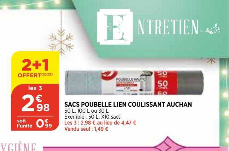 sacs poubelle lien coulissant auchan 2+1 offert