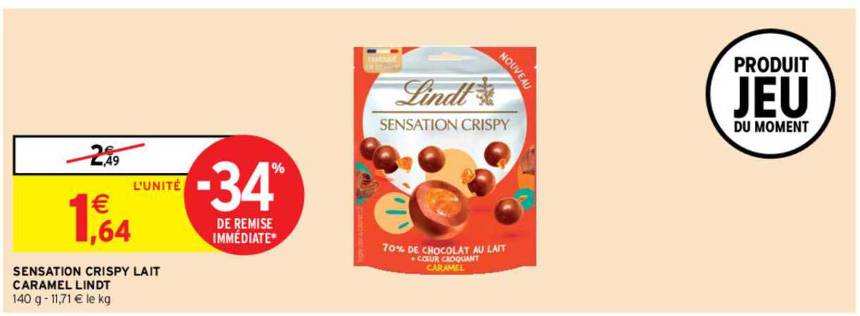 sensation crispy plait caramel lindt -34% remise immédiate