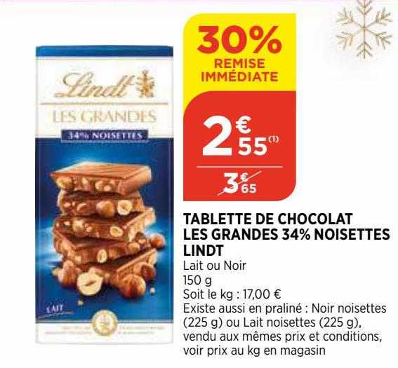 tablette de chocolat les grandes 34% noisettes lindt