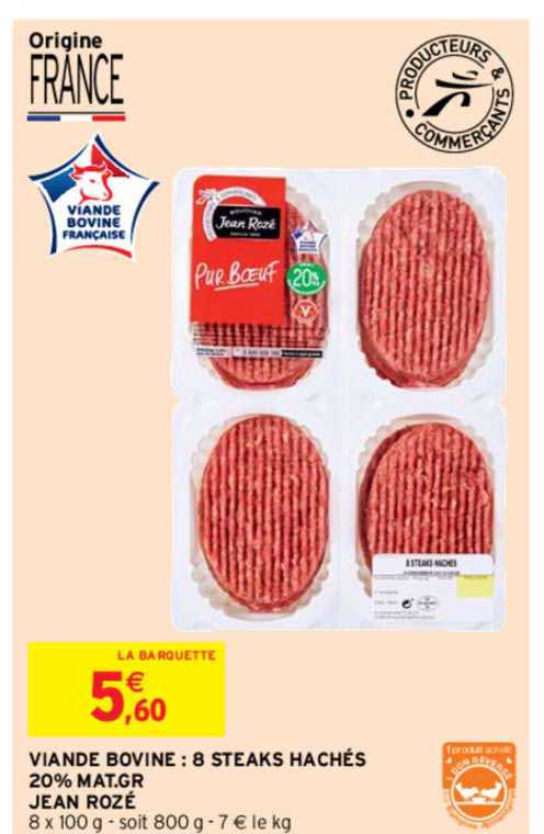 viande bovine x 8 steaks hachés 20% mat.gr jean rozé