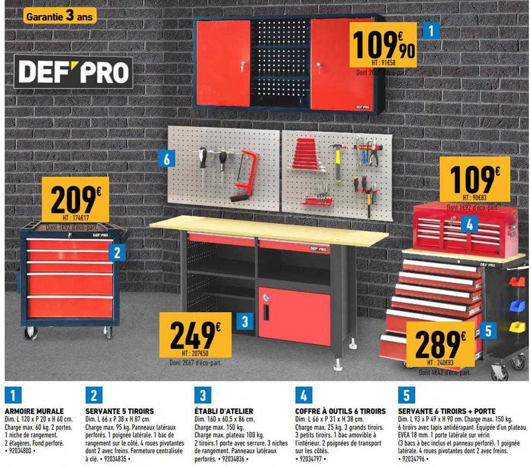armoire murale def'pro, servante 5 tiroirs def'pro, établi d'atelier def'pro, coffre à outils 6 tiroirs def'pro, servante 6 tiroirs + porte def'pro