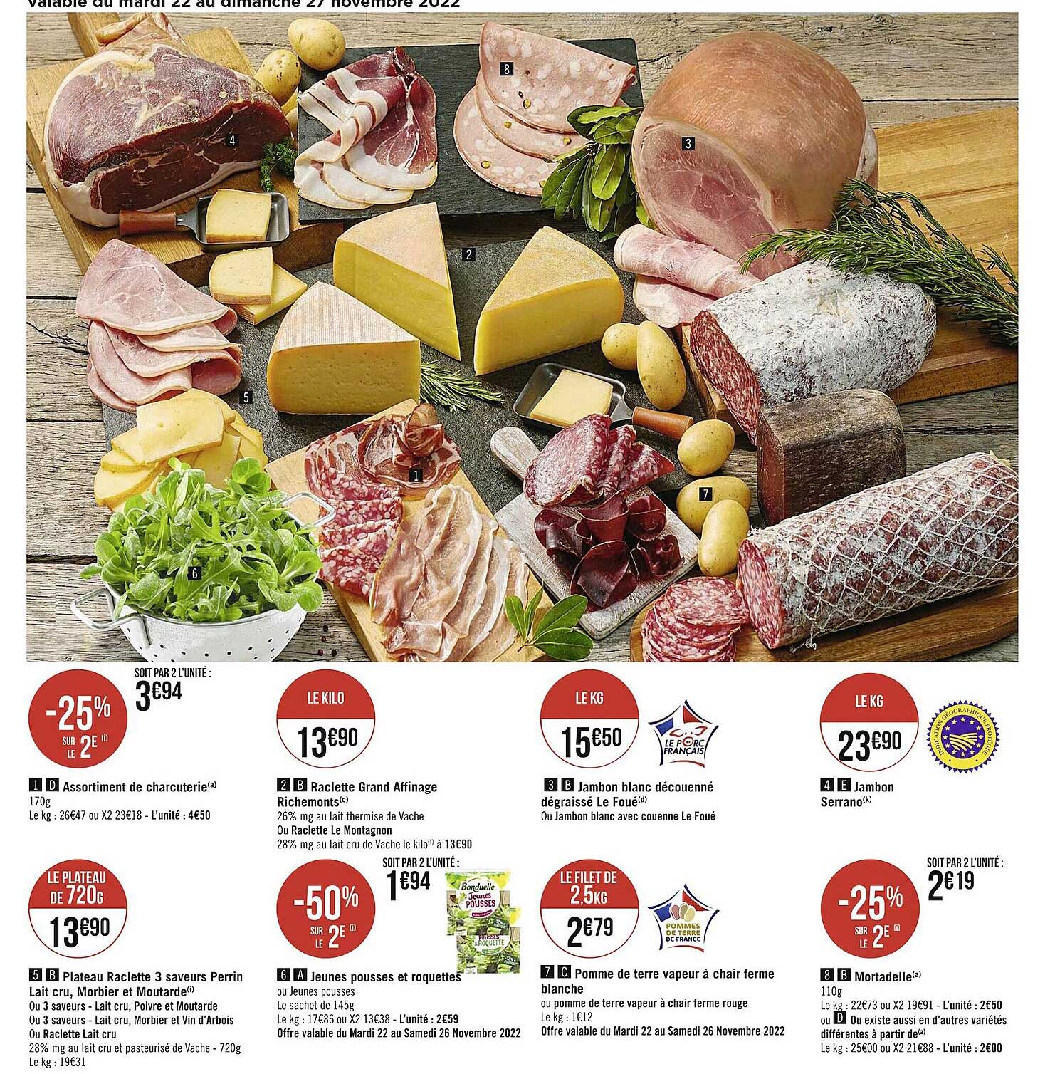 assortiment de charcuterie, raclette grand affinage riches monts, jambon blanc découenné dégraissé le foué, jambon serrano, plateau raclette 3 saveurs perrin lait cru, morbier et moutarde