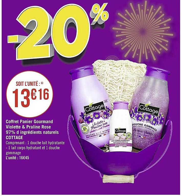 coffret panier gourmand violette & praliné rose 97% d'ingrédients naturels cottage