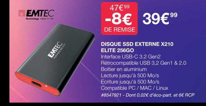 disque ssd externe x210 elite 256go emtec