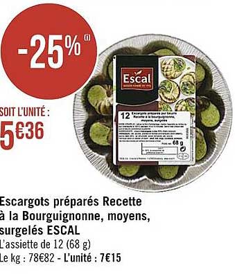 escargots préparés recette à la bourguignonne, moyens, surgelés escal