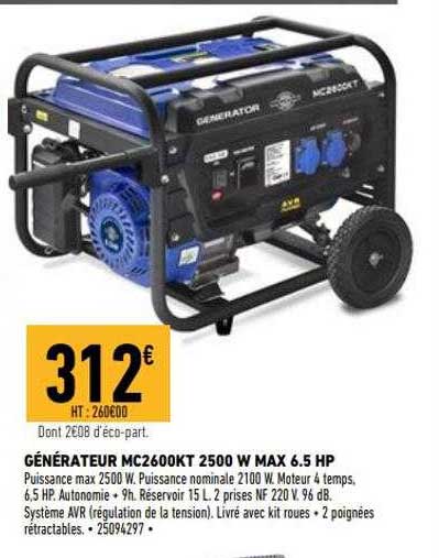 générateur mc2600kt 2500 w max 6.5 hp