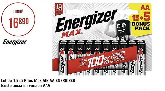lot de 15+5 piles max alk aa energizer existe aussi en version aaa