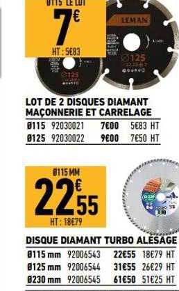 lot de 2 diques diamant maçonnerie et carrelage, disque diamant turbo alésage