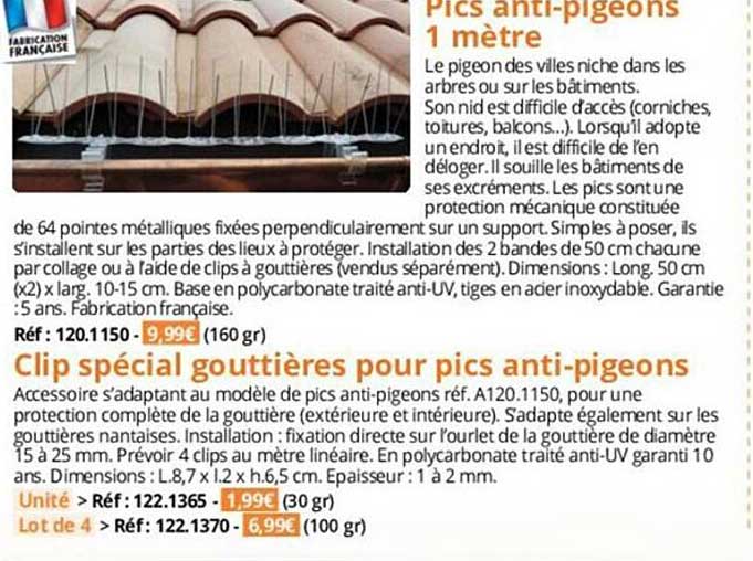 pics anti-pigeons 1 mètre, clip spécial gouttières pour pics anti-pigeons
