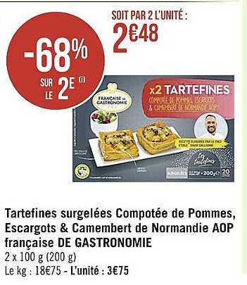 tartefines surgelées compotée de pommes, escargots & camembert de normandie aop française de gastronomie