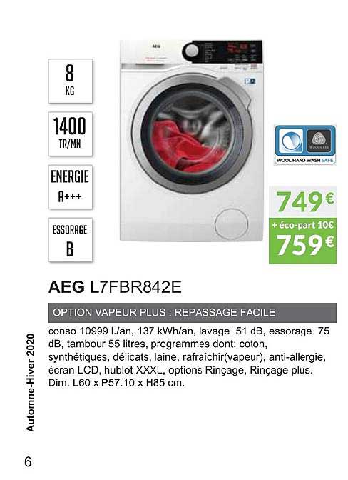 aeg l7fbr842e option vapeur plus repassage facile