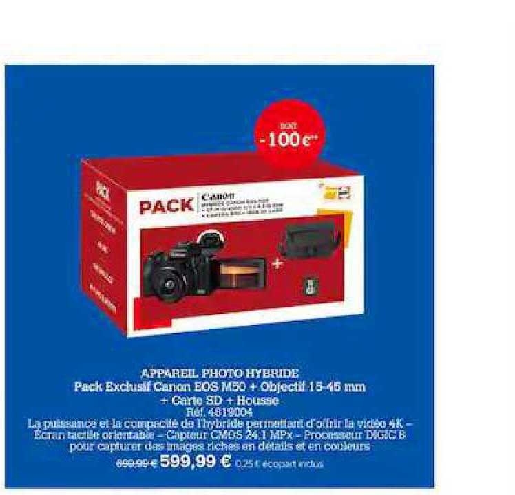 appareil photo hybride pack exclusif canon eos m50 + objectif 15-45 mm + carte sd + housse